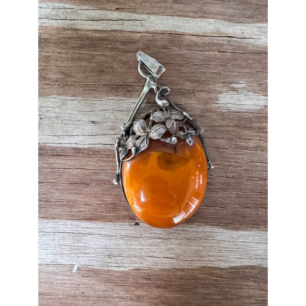LK Sterling Silver Egg Yolk Butterscotch Amber Pendant Floral 3” 20.45g - Picture 2 of 8